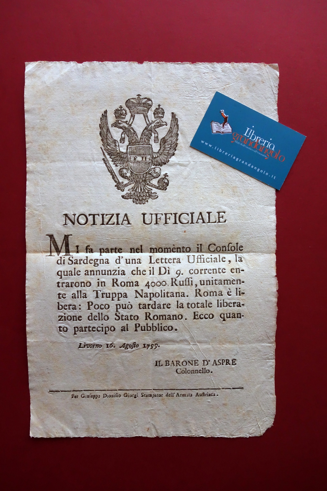 Grida Notizia Ufficiale Roma Liberata da Russi e Napoletani Giorgi Livorno 1799
