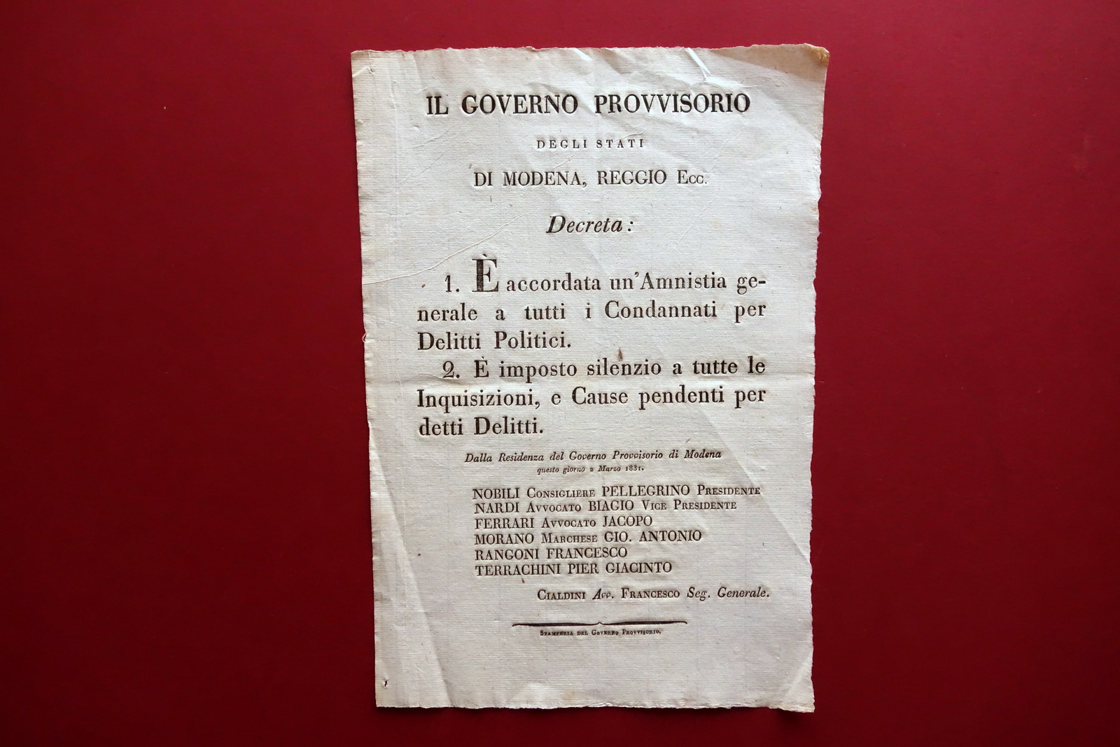 Grida Governo Provvisorio Modena Amnistia Nardi Cialdini Nobili 1831