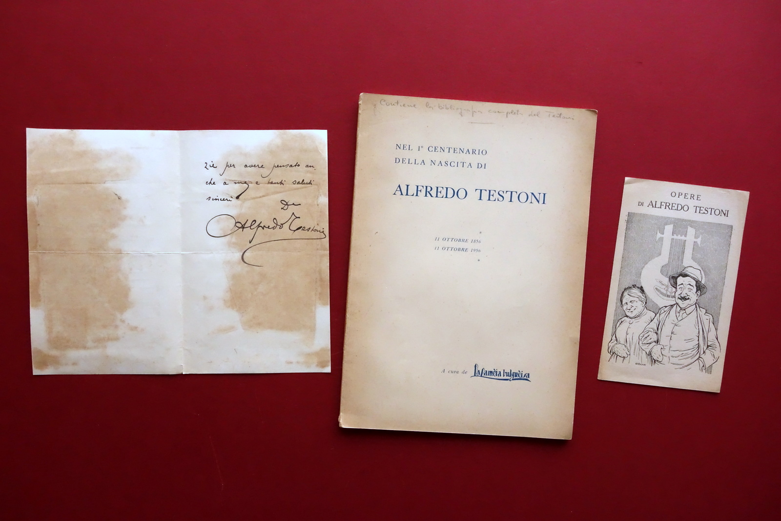 Alfredo Testoni Autografo Lettera Bologna 1898 più 2 Pubblicazioni Bibliografia