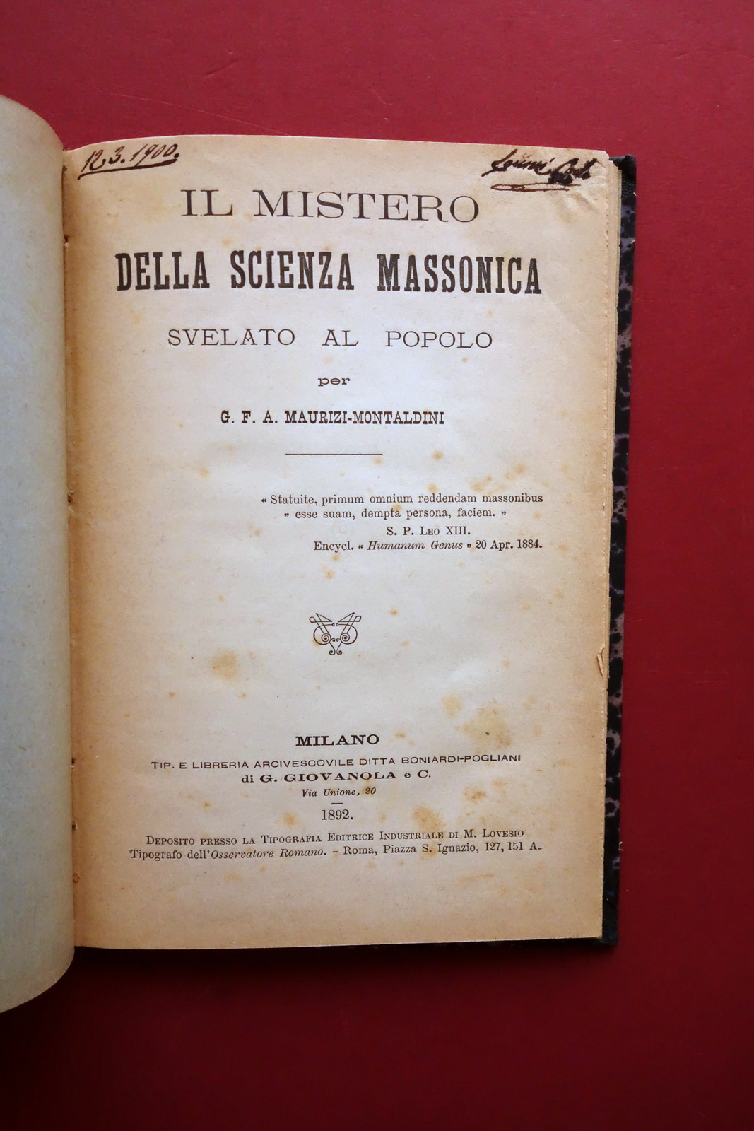 Il Mistero della Scienza Massonica Svelato al Popolo Maurizi Montaldini 1892